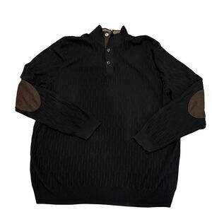 Tasso Elba Mens Elbow Patch 1/4 Button Mock Neck Black Knit Sweater XL Preppy